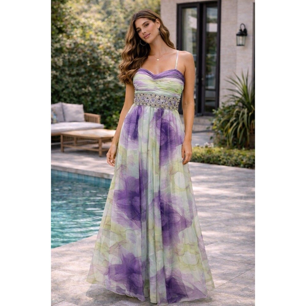 NWT $170 Camille La Vie Beaded Empire Waist Multi Color Gown Embellished Size 0
